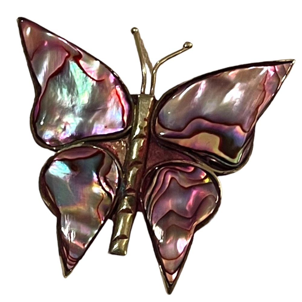 Vintage Alpaca Mexico Purple Abalone silver large butterfly brooch - Picture 6 of 6